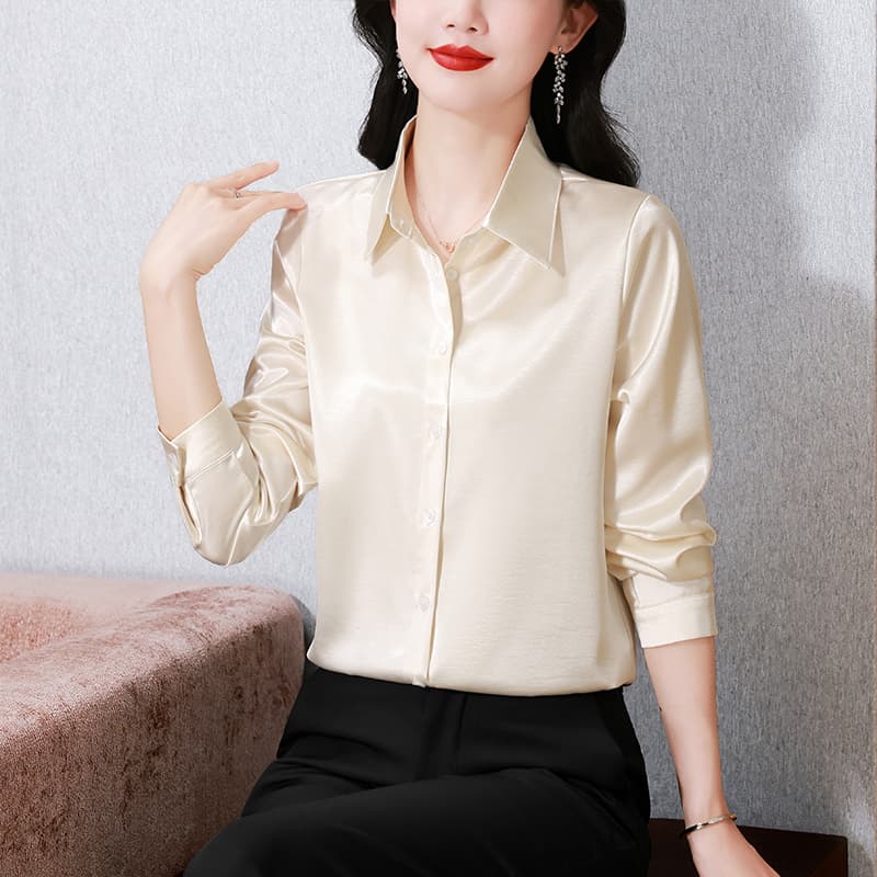 실사 무료 뜨거운 긴팔 경력 여성 셔츠 봄 새로운 다용도 저항 주름 있음 질감 새틴 품격 패션 외국 가스 이미지 4