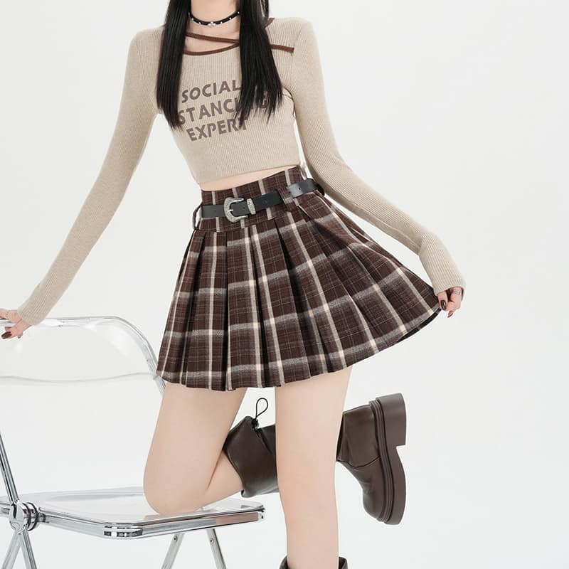 아메리칸 레트로 파란색 체크무늬 모직 반신 플리츠 스커트 여성 가을 겨울 고급 센스 하이웨이스트 모직 jk 미니 스커트 반 스커트 이미지 4