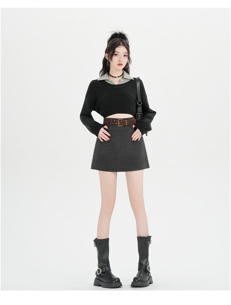 레트로 미니멀리즘 회색 모직 반신 스커트 여성 가을 겨울철 하이웨이스트 슬림해 보이는 다용도 작은 키 한 마디 타이트 스커트 미니 스커트 상세 이미지 23