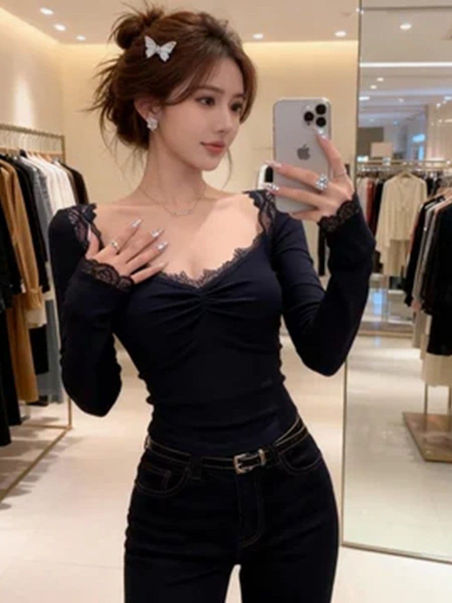 2026 봄 여름 새로운 품격 착용 가져 가라. V넥 레이스 레이스 사람들 면 기본 셔츠 펌프 Pleat 디자인 센스 다용도 맨위 상세 이미지 1