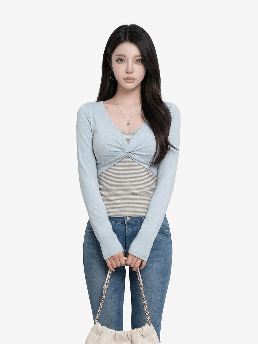 봄 여름 새로운 사람들 면 페이크 레이어드 비틀림 디자인 센스 스트라이프 긴팔 티셔츠 배색 니트 맨위 이미지 3
