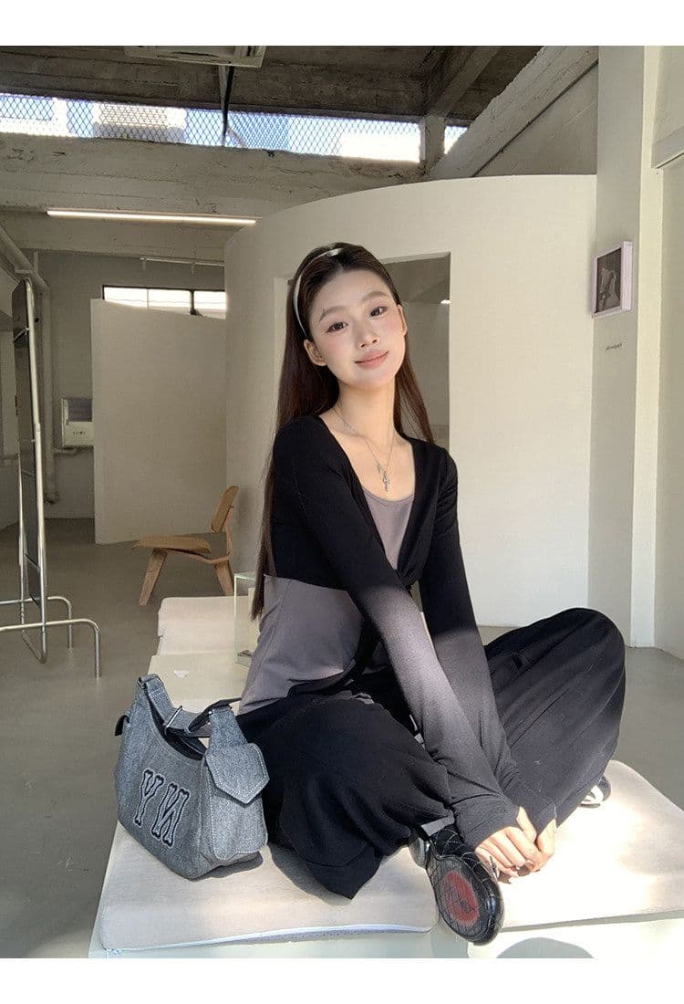 봄 여름 새로운 사람들 면 긴팔 티셔츠 여성 페이크 레이어드 몸매 가꾸기 한 부서 아름다운 그레이트 보기 맨위 상세 이미지 11