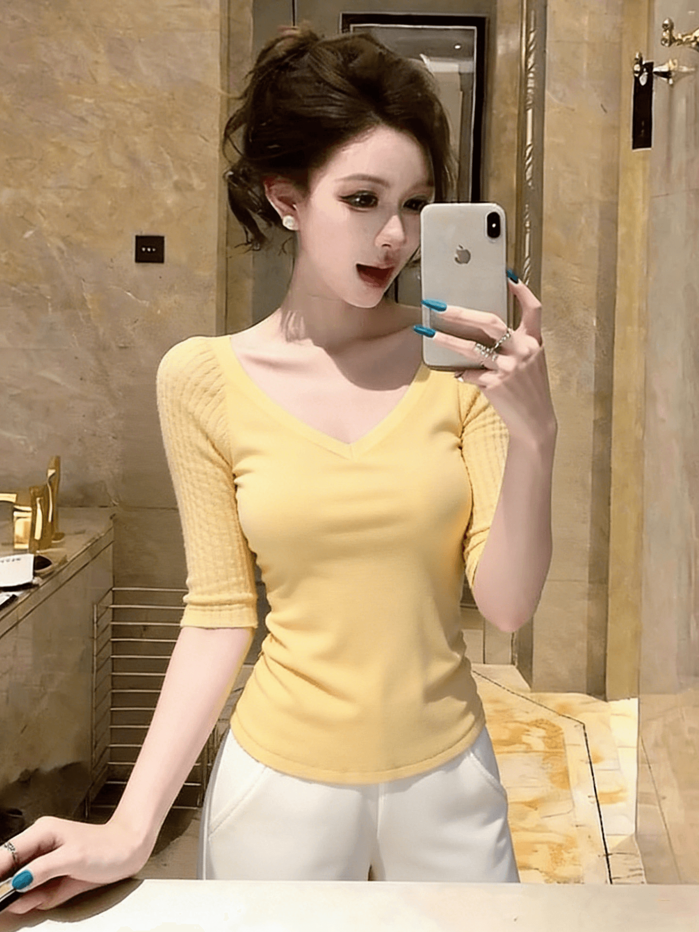 봄 여름 새로운 사람들 면 꽈배기 패치워크 중간 소매 복숭아 심장 고리 기본 셔츠 여성 몸매 가꾸기 슬림해 보이는 다용도 맨위 상세 이미지 2