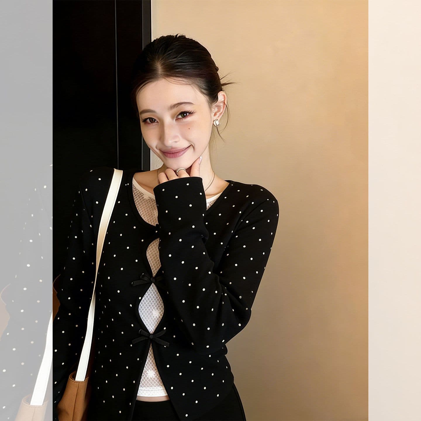 검정색 도트 무늬 페이크 레이어드 긴팔 티셔츠 여성 2026 봄 새로운 몸매 가꾸기 인사이드 가져 가라. 레이스 조각 맨위 상세 이미지 4