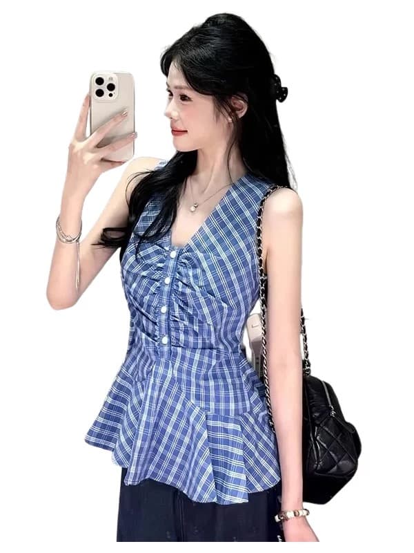 한 부서 행침 목 V넥 민소매 캐미솔 여름 새로운 디자인 센스 허리 수축 품격 격자 무늬 셔츠 맨위 상세 이미지 2