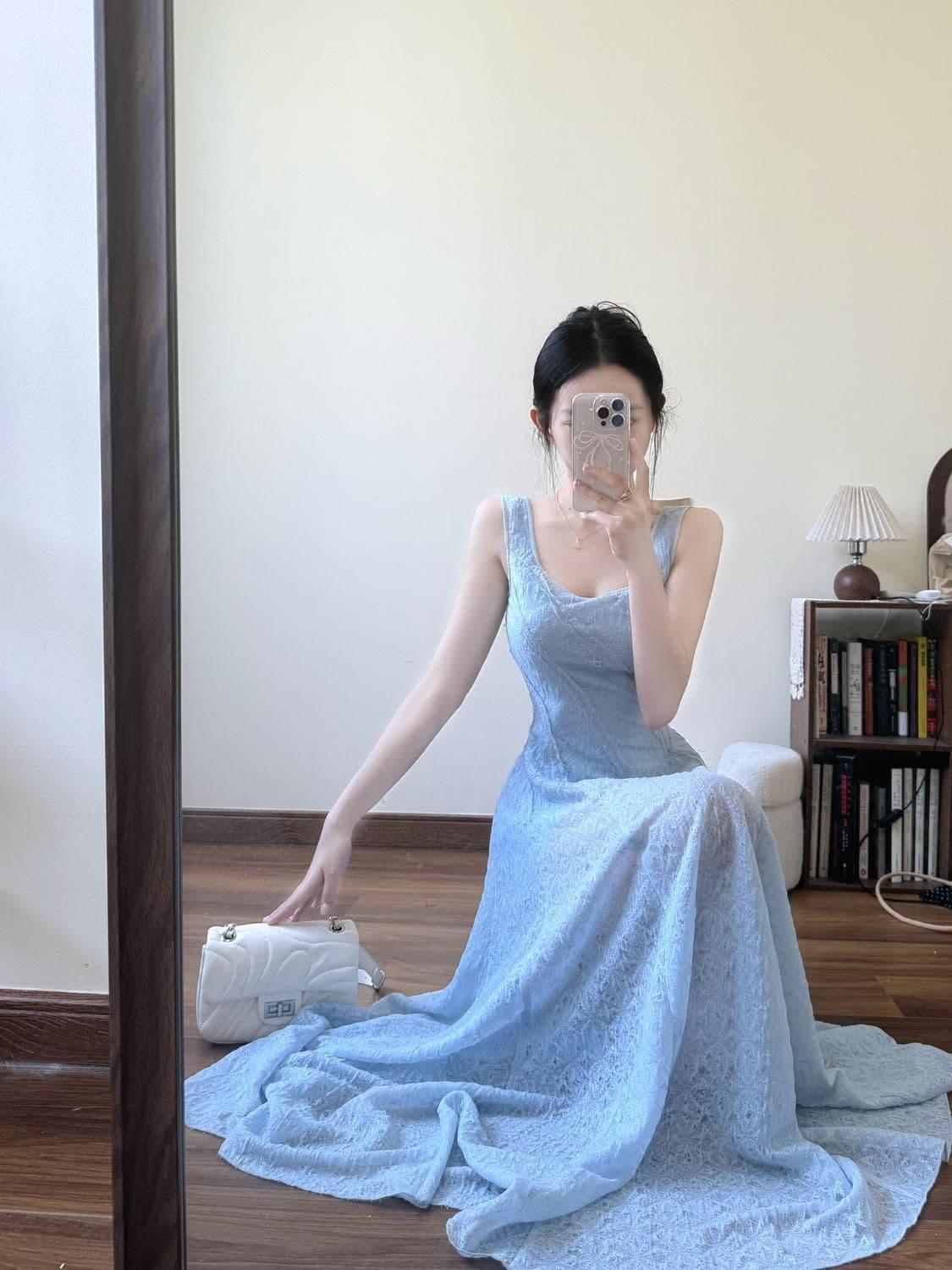 프랑스식 파란색 광장 칼라 슬립 드레스 여름 새로운 해변가 휴가 품격 허리 수축 슬림해 보이는 퍼프 롱 스커트 상세 이미지 5