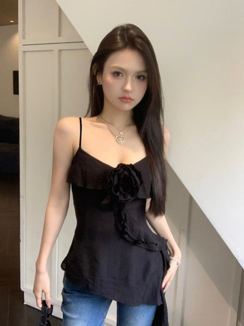 여름 새로운 허리 수축 슬림해 보이는 아름다운 행침 목 맨위 여성 달콤한 매운맛 바람 핑크색 꽃무늬 프릴 캐미솔 상세 이미지 2