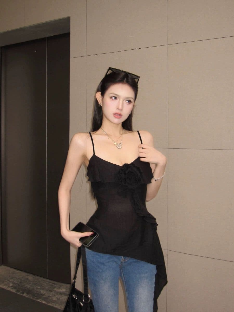 여름 새로운 허리 수축 슬림해 보이는 아름다운 행침 목 맨위 여성 달콤한 매운맛 바람 핑크색 꽃무늬 프릴 캐미솔 상세 이미지 6