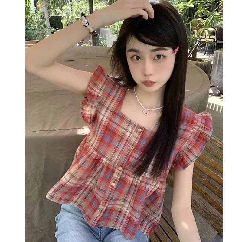 여름 새로운 달콤함 디자인 센스 빨간색 격자 무늬 셔츠 달콤함 맨위 여성 Chic 민소매 인형 셔츠 작은 키