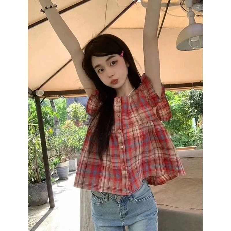 여름 새로운 달콤함 디자인 센스 빨간색 격자 무늬 셔츠 달콤함 맨위 여성 Chic 민소매 인형 셔츠 작은 키 이미지 2