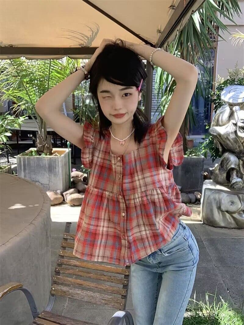 여름 새로운 달콤함 디자인 센스 빨간색 격자 무늬 셔츠 달콤함 맨위 여성 Chic 민소매 인형 셔츠 작은 키 이미지 4