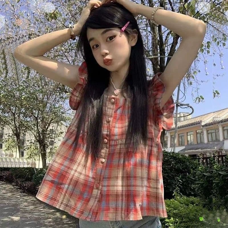 여름 새로운 달콤함 디자인 센스 빨간색 격자 무늬 셔츠 달콤함 맨위 여성 Chic 민소매 인형 셔츠 작은 키 상세 이미지 3