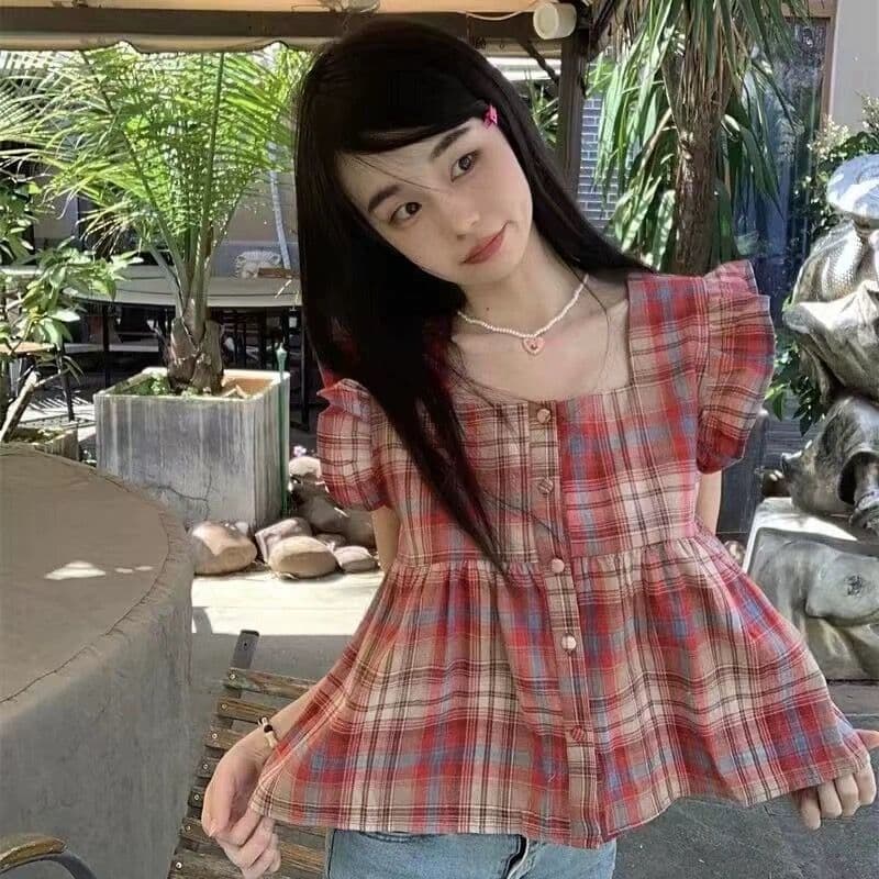 여름 새로운 달콤함 디자인 센스 빨간색 격자 무늬 셔츠 달콤함 맨위 여성 Chic 민소매 인형 셔츠 작은 키 상세 이미지 4