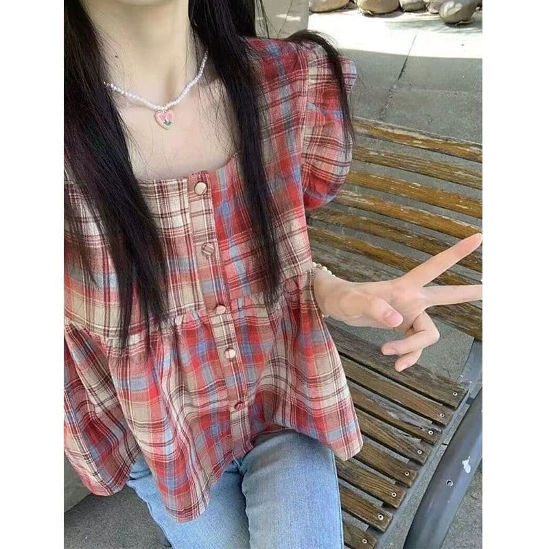 여름 새로운 달콤함 디자인 센스 빨간색 격자 무늬 셔츠 달콤함 맨위 여성 Chic 민소매 인형 셔츠 작은 키 상세 이미지 6