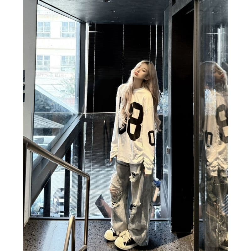 여름 새로운 아메리칸 높음 거리 트렌드 마 오래된 워싱 찢어진 부분 와이드 레그 팬츠 빅 사이즈 슬림해 보이는 바닥 청소 바지 청바지 여성 이미지 3