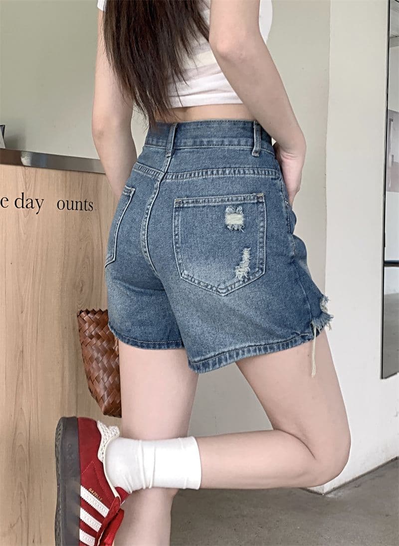 레트로 하이웨이스트 한 부서 데님 짧은 바지 여성 여름 새로운 디자인 센스 루즈핏 슬림해 보이는 캐주얼 다용도 바지 이미지 2