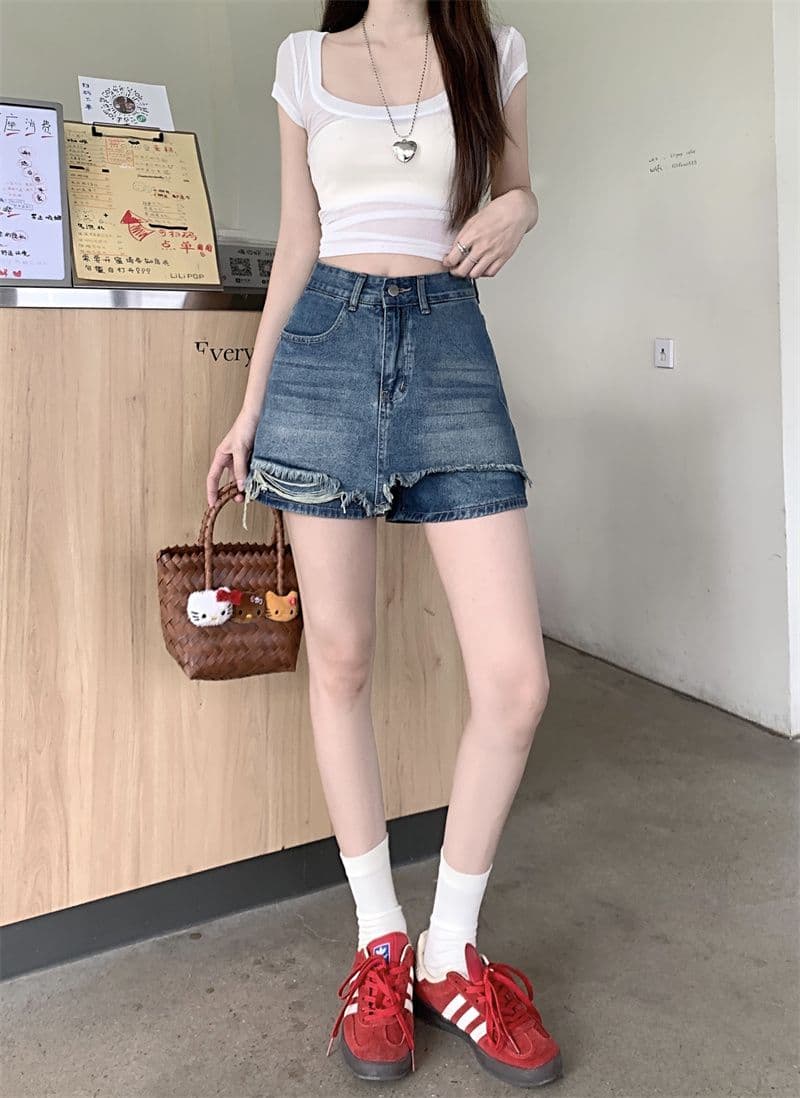 레트로 하이웨이스트 한 부서 데님 짧은 바지 여성 여름 새로운 디자인 센스 루즈핏 슬림해 보이는 캐주얼 다용도 바지 상세 이미지 4