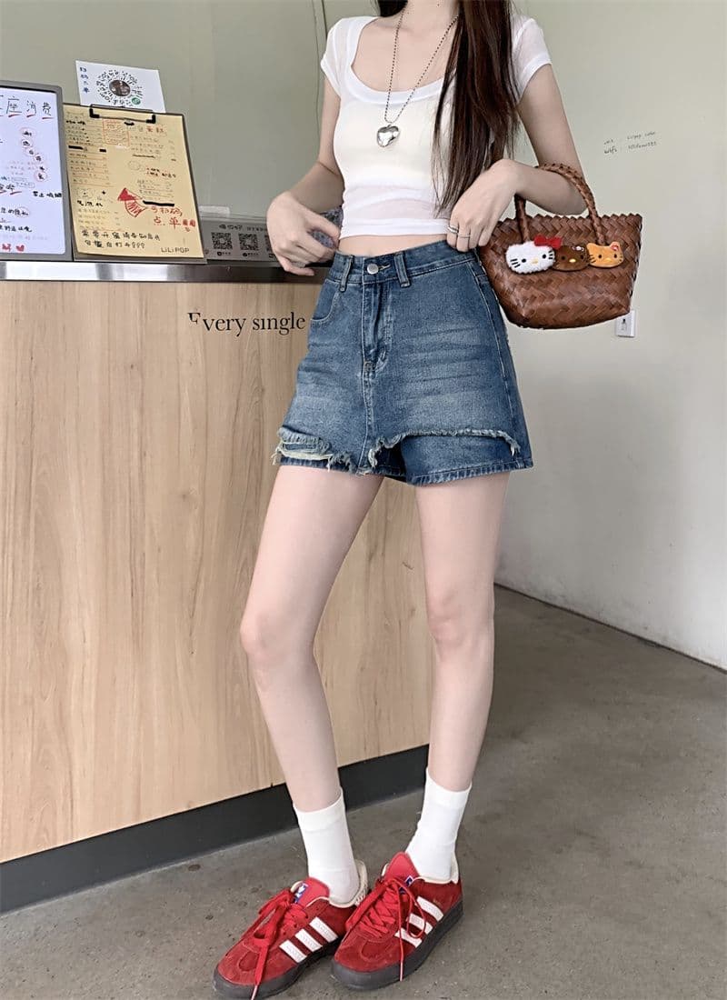 레트로 하이웨이스트 한 부서 데님 짧은 바지 여성 여름 새로운 디자인 센스 루즈핏 슬림해 보이는 캐주얼 다용도 바지 상세 이미지 5