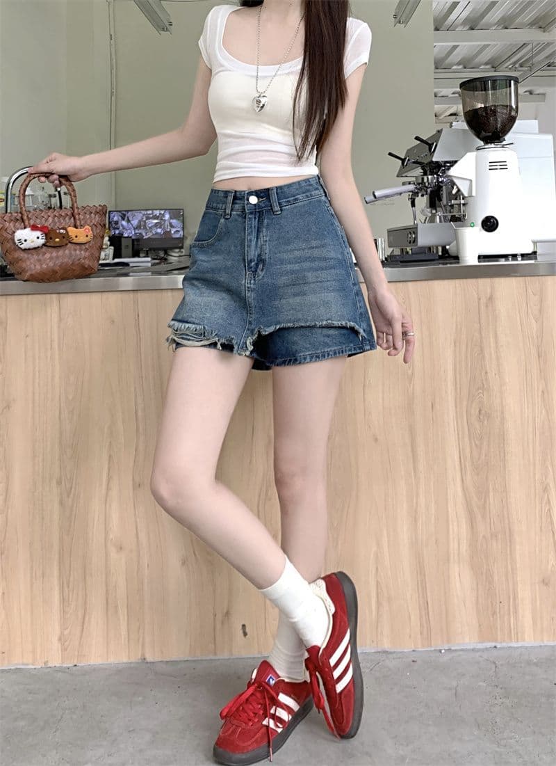 레트로 하이웨이스트 한 부서 데님 짧은 바지 여성 여름 새로운 디자인 센스 루즈핏 슬림해 보이는 캐주얼 다용도 바지 상세 이미지 10