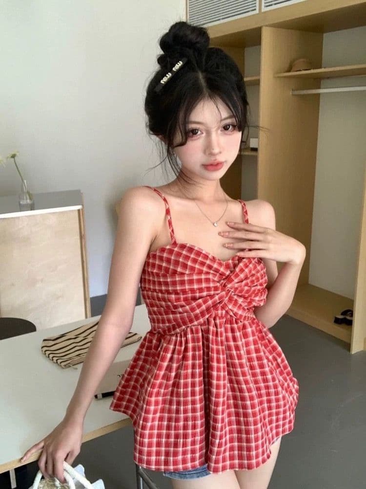 여름 새로운 달콤한 핫걸 허리 수축 민소매 작은 셔츠 어깨끈 조정 명중 가져 가라. 조끼 여성 순수한 욕망 바람 슬립 맨위 이미지 3