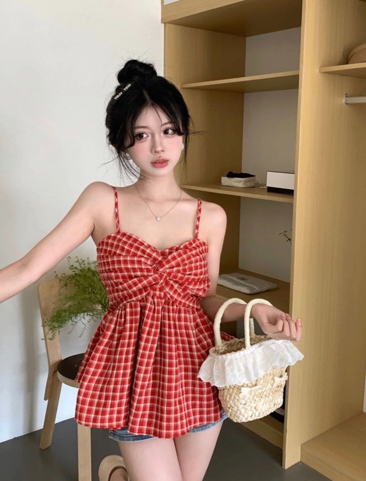 여름 새로운 달콤한 핫걸 허리 수축 민소매 작은 셔츠 어깨끈 조정 명중 가져 가라. 조끼 여성 순수한 욕망 바람 슬립 맨위 상세 이미지 3