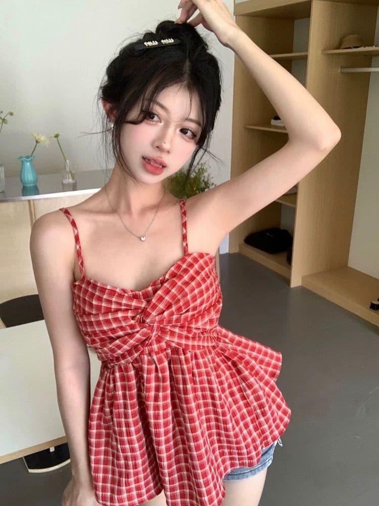 여름 새로운 달콤한 핫걸 허리 수축 민소매 작은 셔츠 어깨끈 조정 명중 가져 가라. 조끼 여성 순수한 욕망 바람 슬립 맨위 상세 이미지 7