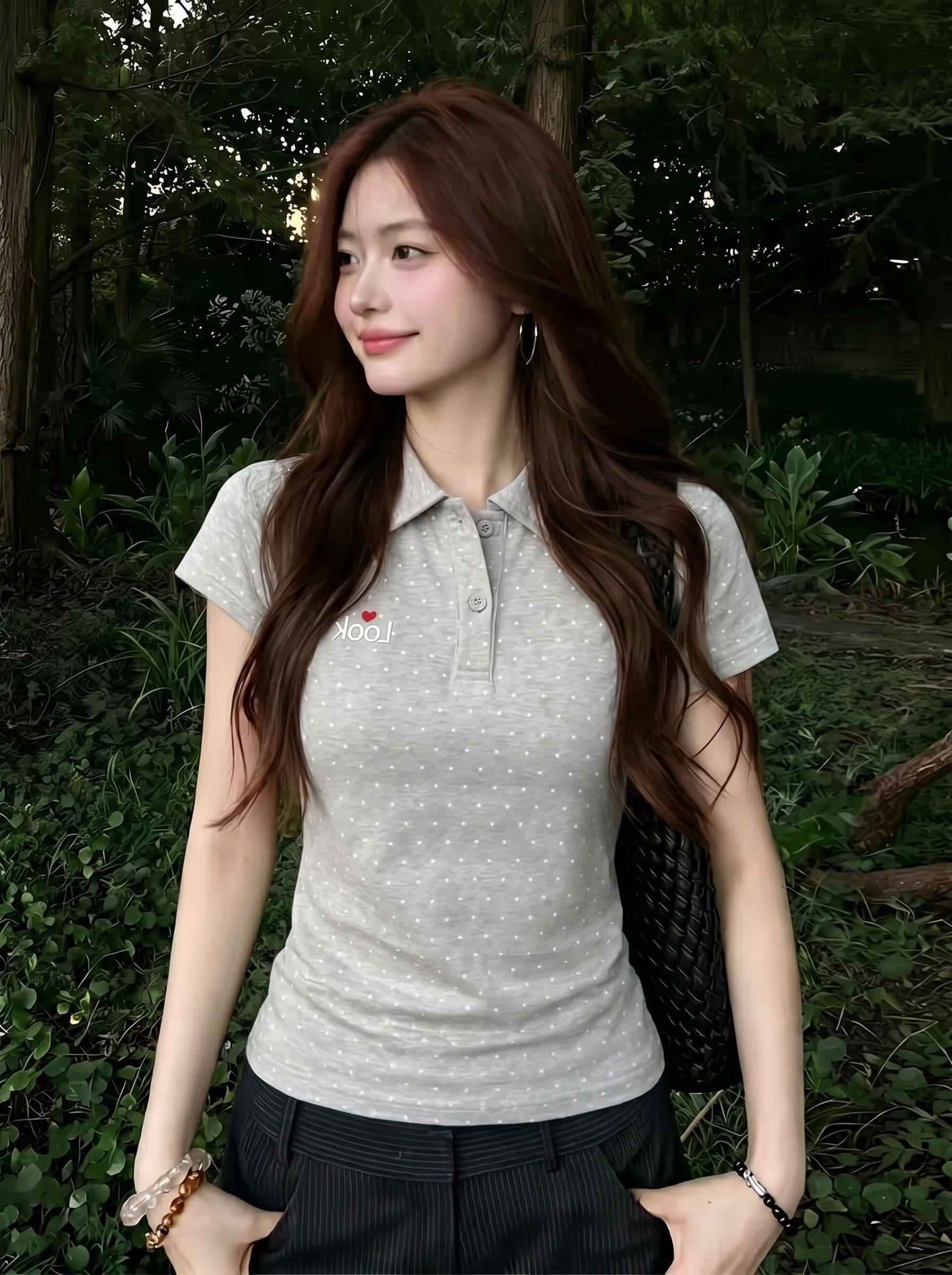 여름 새로운 아메리칸 레트로 도트 무늬 POLO 칼라 자수 알파벳 반팔 티셔츠 여성 한 부서 다용도 맨위 이미지 3