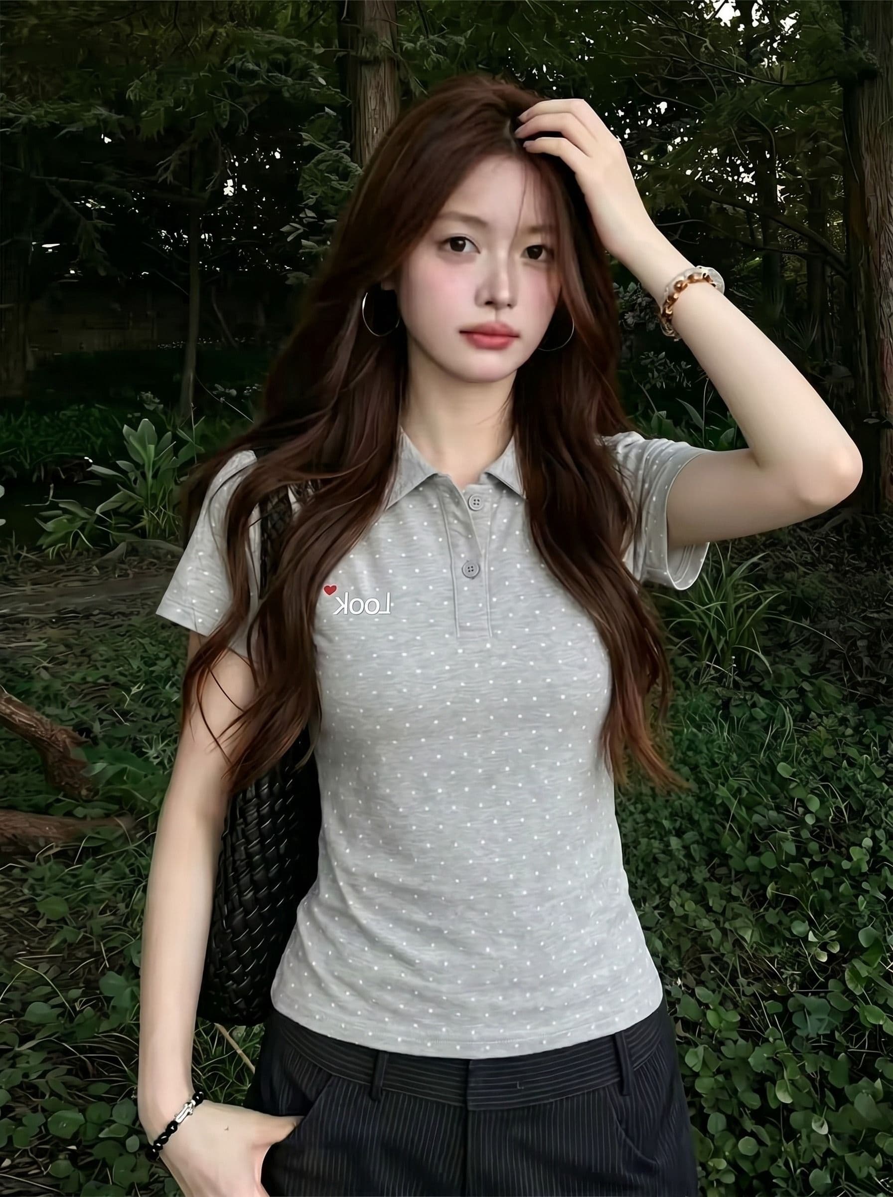여름 새로운 아메리칸 레트로 도트 무늬 POLO 칼라 자수 알파벳 반팔 티셔츠 여성 한 부서 다용도 맨위 이미지 2