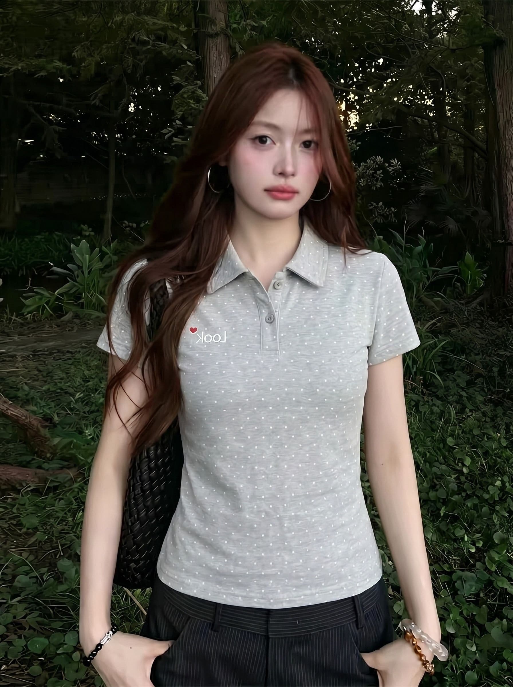 여름 새로운 아메리칸 레트로 도트 무늬 POLO 칼라 자수 알파벳 반팔 티셔츠 여성 한 부서 다용도 맨위 상세 이미지 1
