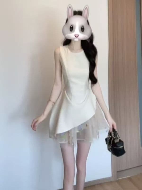 프랑스식 고급 센스 망사 패치워크 조끼 원피스 여름 빛 럭셔리 품격 생일 퍼프 미니 스커트 예복 치마 여성 상세 이미지 3