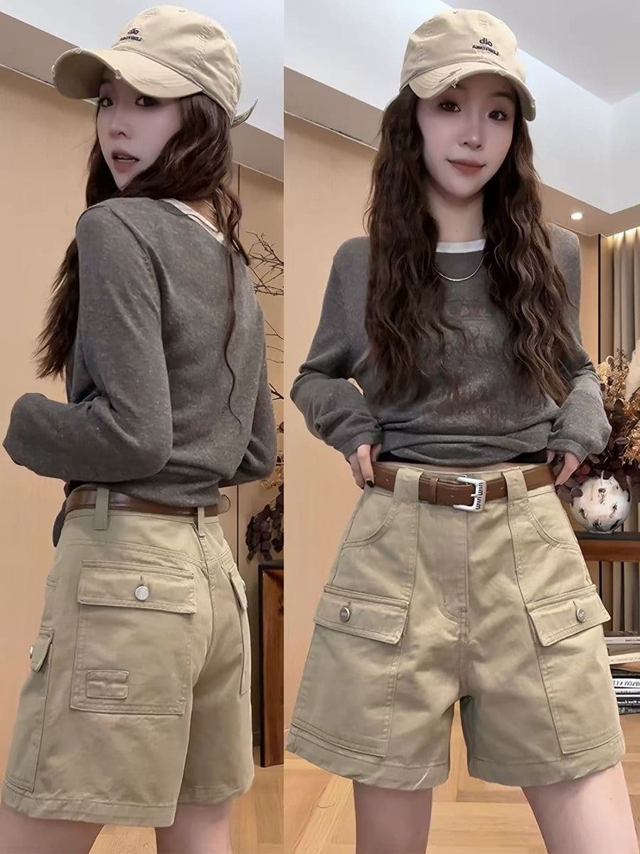 유럽 상품 워크웨어 바람 하이웨이스트 데님 넓은 다리가 짧다. 바지 여성 여름 캐주얼 슬림해 보이는 루즈핏 다용도 넓은 다리 4 점 바지 상세 이미지 2