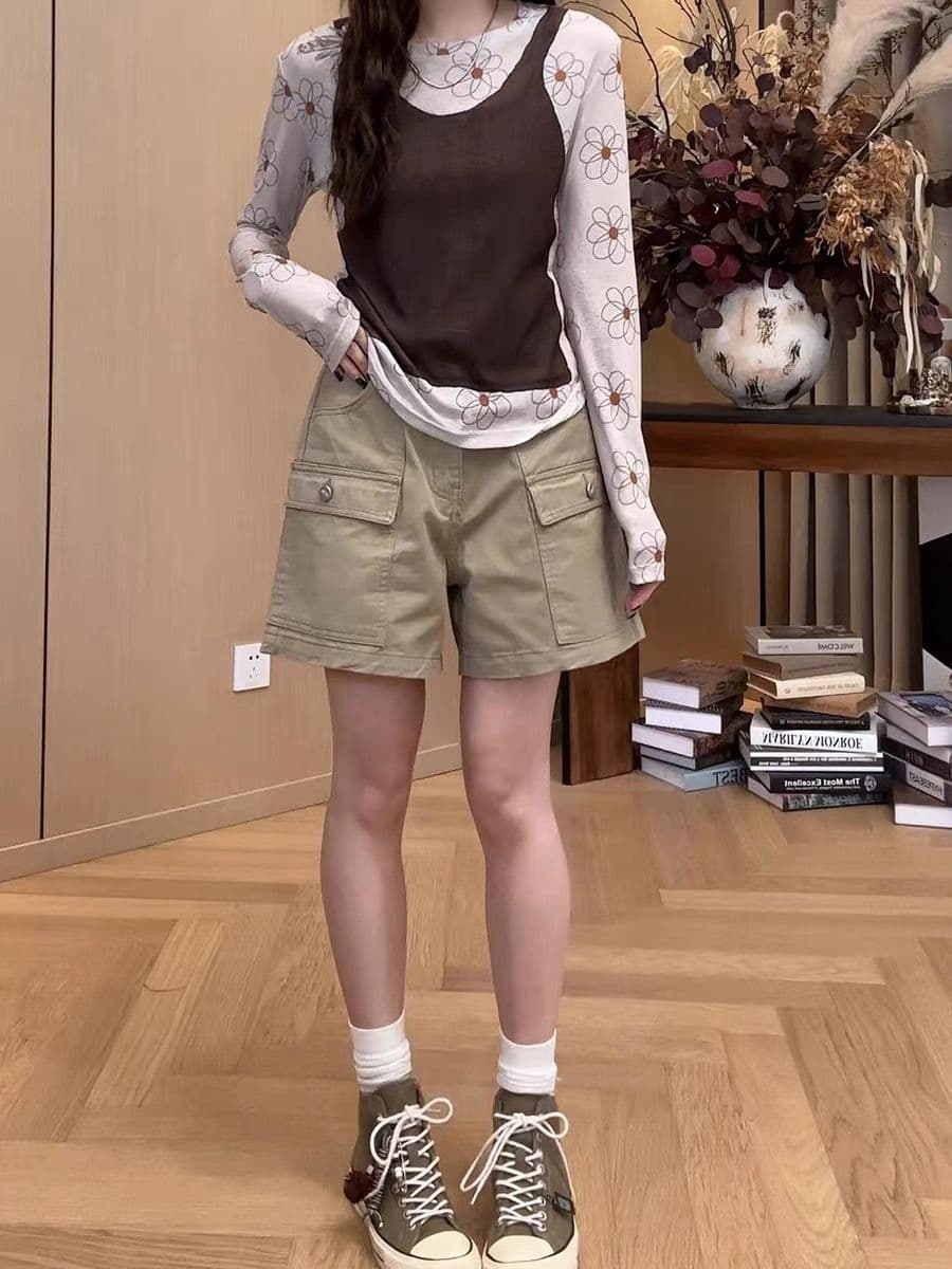 유럽 상품 워크웨어 바람 하이웨이스트 데님 넓은 다리가 짧다. 바지 여성 여름 캐주얼 슬림해 보이는 루즈핏 다용도 넓은 다리 4 점 바지 상세 이미지 6