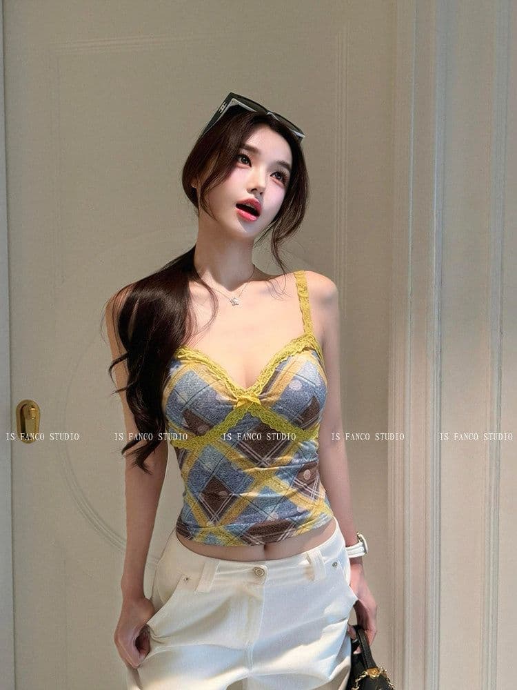 한 부서 황색 섹시함 V넥 슬립 여성 여름 새로운 레이스 체크무늬 패치워크 디자인 센스 몸매 가꾸기 쇼트 스타일 맨위 상세 이미지 3