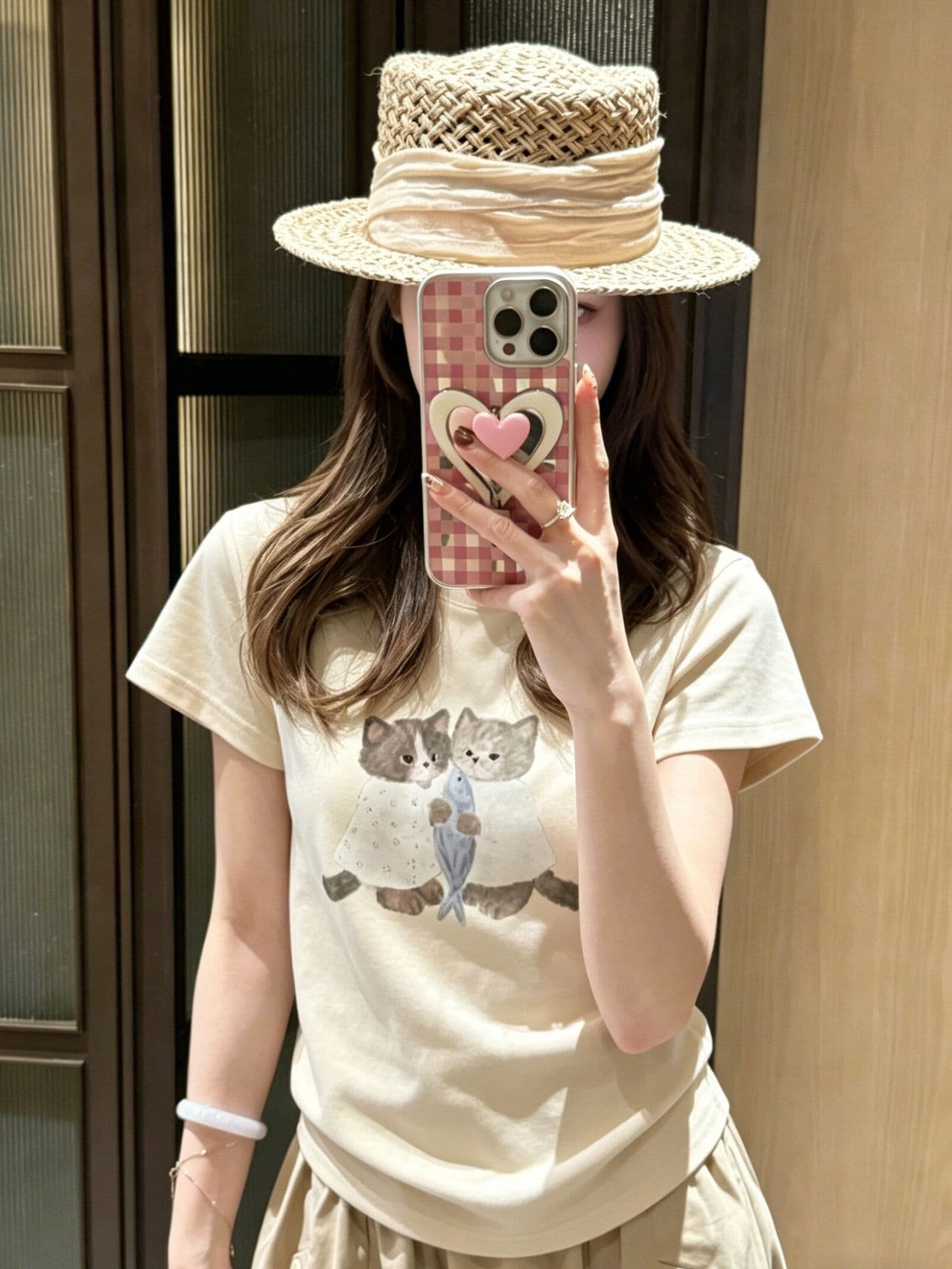 일본식 달콤함 귀여운 새끼 고양이 프린트 긍정적 인 어깨 반팔 티셔츠 여성 여름 새로운 몸매 가꾸기 슬림해 보이는 짧은 맨위 상세 이미지 6