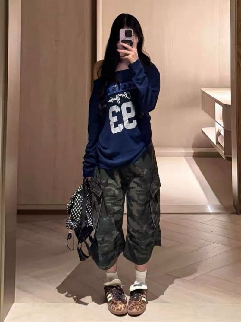 아메리칸 카모플라주 7 점 워크웨어 넓은 다리 청바지 여성 2026 여름 새로운 루즈핏 도루 센스 다용도 캐주얼 바지