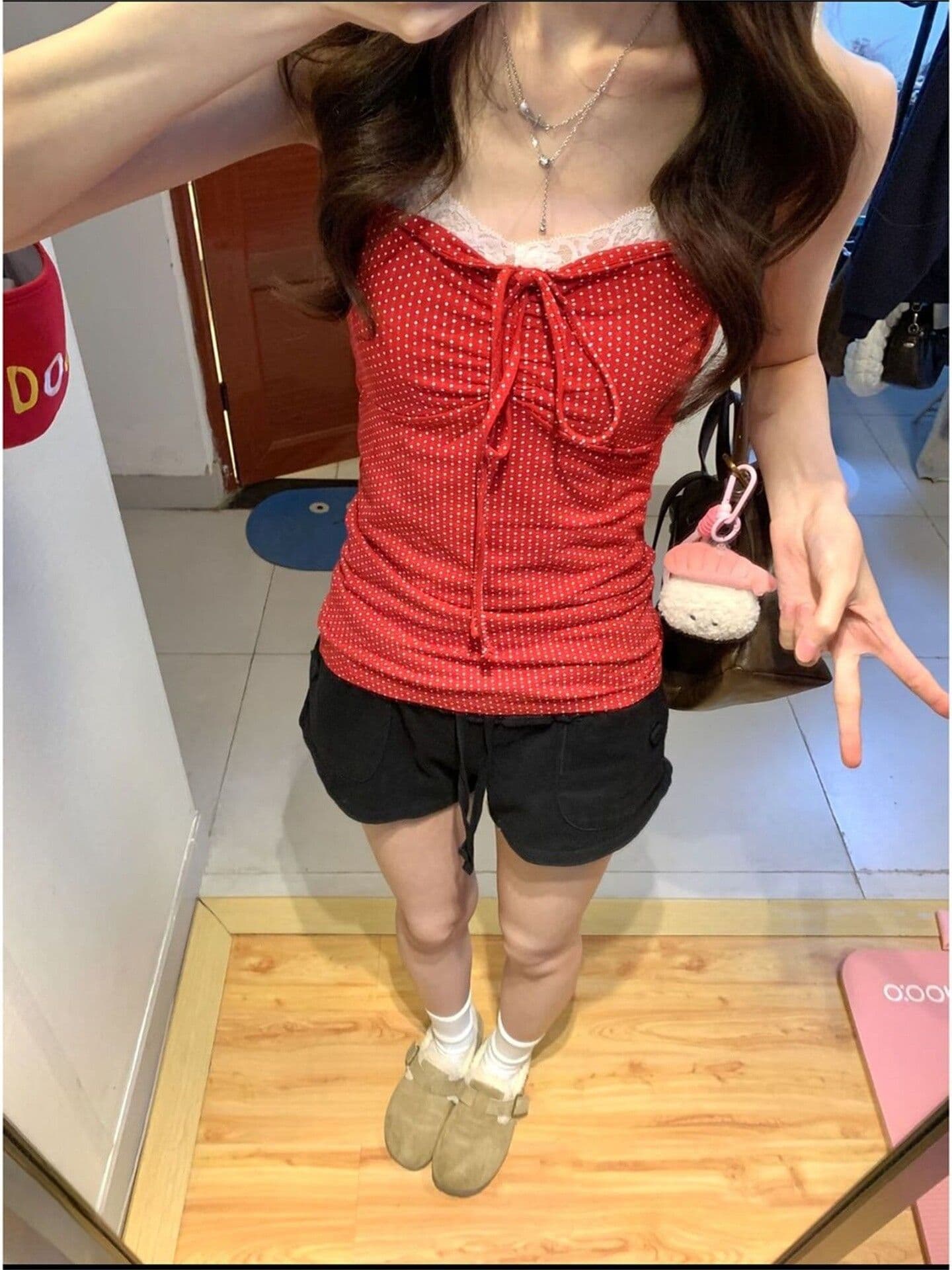 한 부서 빨간색 도트 무늬 행침 목 레이스업 튜브탑 조끼 여성 여름 새로운 210 그램 40 좋은 면 1 1 맨위 이미지 4