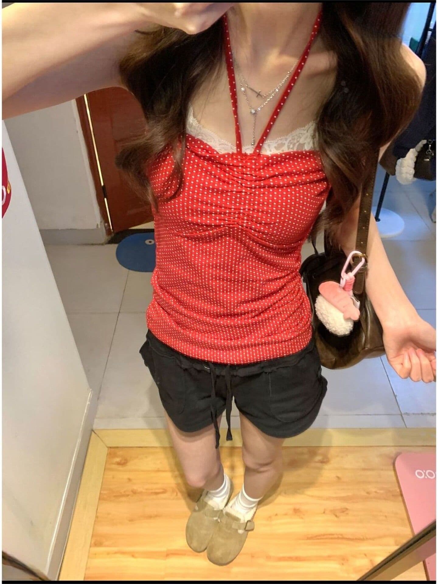 한 부서 빨간색 도트 무늬 행침 목 레이스업 튜브탑 조끼 여성 여름 새로운 210 그램 40 좋은 면 1 1 맨위 상세 이미지 2