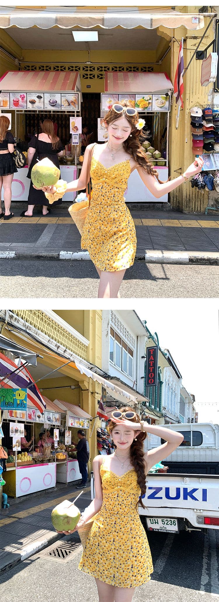 순수한 욕망 프랑스식 레이스 슬립 꽃무늬 허리 수축 V넥 여성 드레스 여름 새로운 중간 길이 품격 한 마디 치마 상세 이미지 1