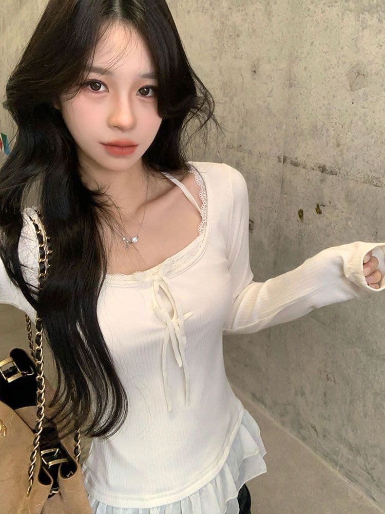 원본 원단 새로운 달콤한 스타일 레이스 조각 긴팔 티셔츠 광장 칼라 프릴 레이스업 만나는 맨위 트렌디 상세 이미지 1