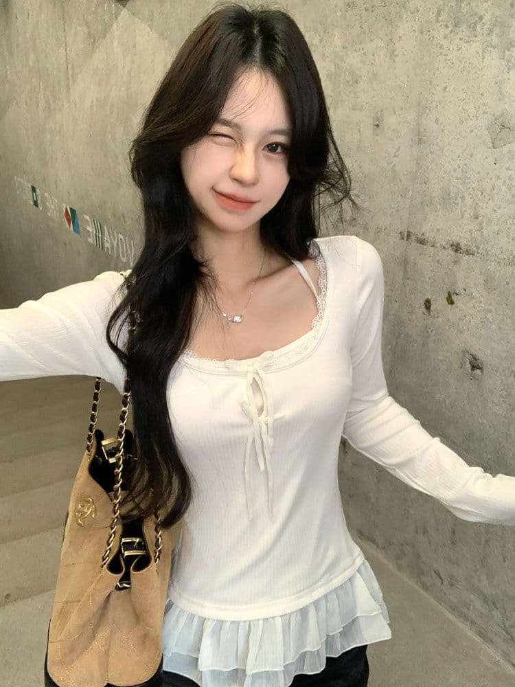 원본 원단 새로운 달콤한 스타일 레이스 조각 긴팔 티셔츠 광장 칼라 프릴 레이스업 만나는 맨위 트렌디 상세 이미지 2