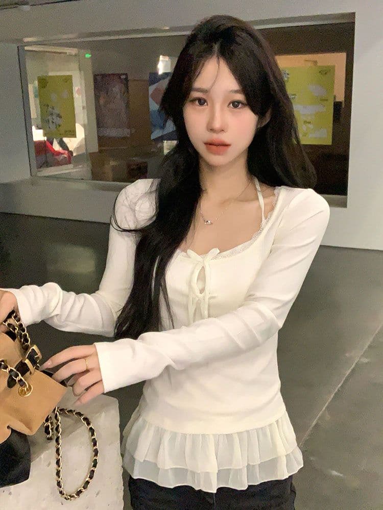 원본 원단 새로운 달콤한 스타일 레이스 조각 긴팔 티셔츠 광장 칼라 프릴 레이스업 만나는 맨위 트렌디 상세 이미지 3