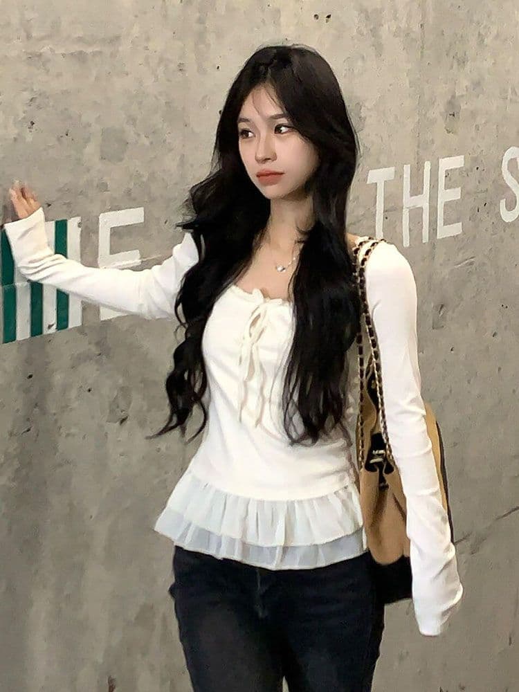 원본 원단 새로운 달콤한 스타일 레이스 조각 긴팔 티셔츠 광장 칼라 프릴 레이스업 만나는 맨위 트렌디 상세 이미지 4