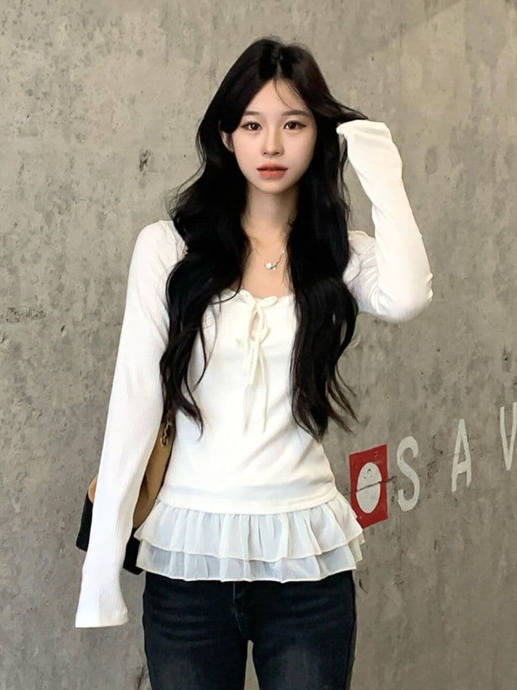 원본 원단 새로운 달콤한 스타일 레이스 조각 긴팔 티셔츠 광장 칼라 프릴 레이스업 만나는 맨위 트렌디 상세 이미지 5