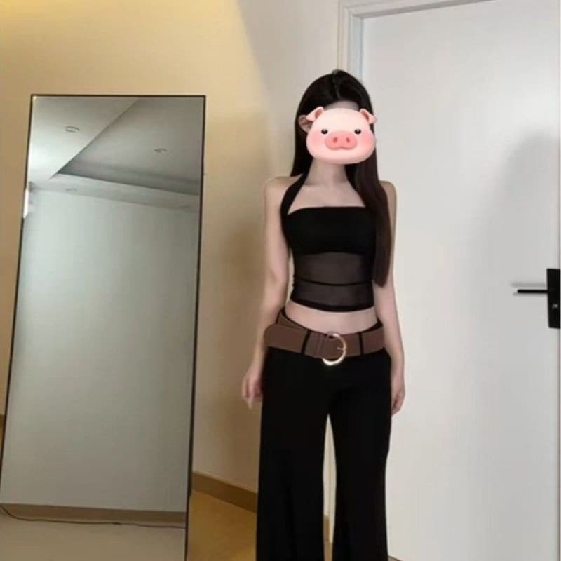 아메리칸 검정색 섹시함 망사 핫픽스 행침 목 캐미솔 여름 태국 사람 스타일 핫걸 맨위 망사 사람들 면 이미지 5