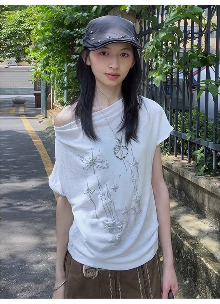 아메리칸 레트로 핫걸 화이트 흔들다 칼라 비스듬한 어깨 반팔 티셔츠 여성 여름 착용 가져 가라. 몸매 가꾸기 눈꽃 면 맨위 상세 이미지 1