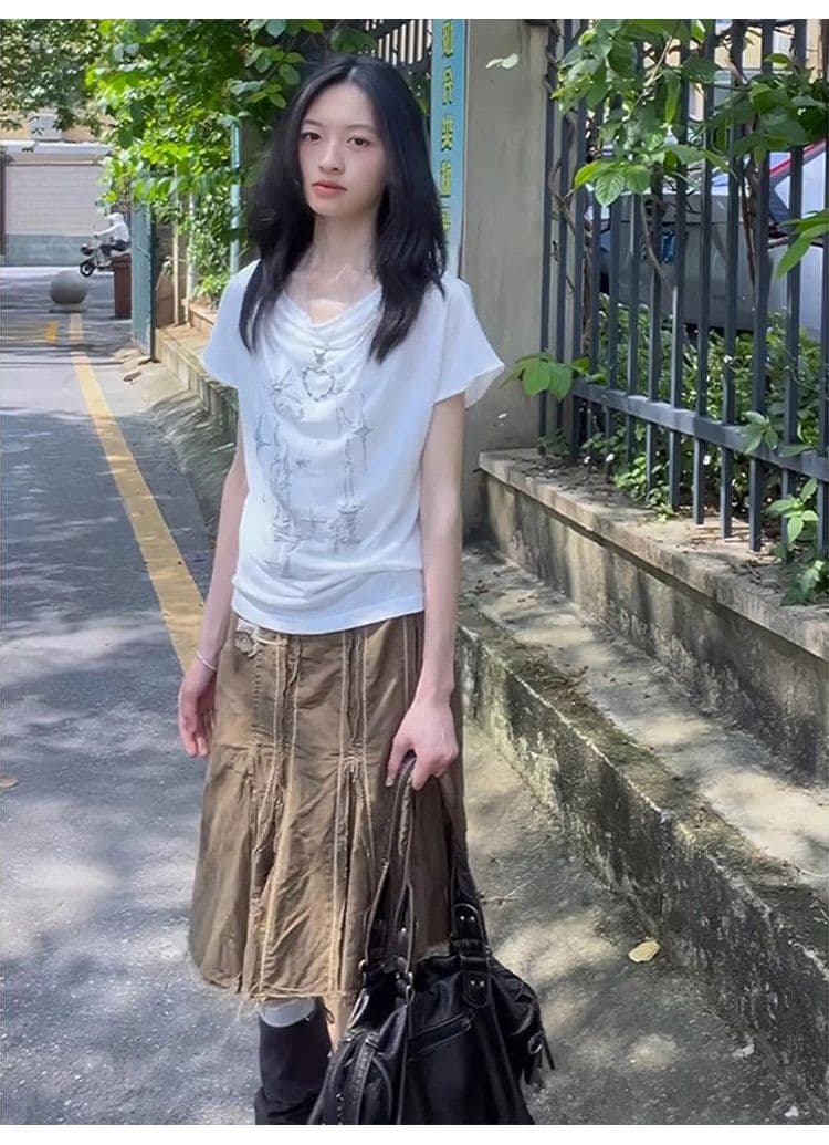 아메리칸 레트로 핫걸 화이트 흔들다 칼라 비스듬한 어깨 반팔 티셔츠 여성 여름 착용 가져 가라. 몸매 가꾸기 눈꽃 면 맨위 상세 이미지 4