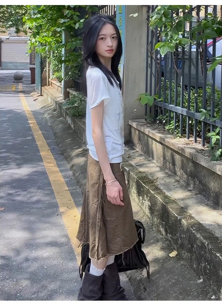 아메리칸 레트로 핫걸 화이트 흔들다 칼라 비스듬한 어깨 반팔 티셔츠 여성 여름 착용 가져 가라. 몸매 가꾸기 눈꽃 면 맨위 상세 이미지 5