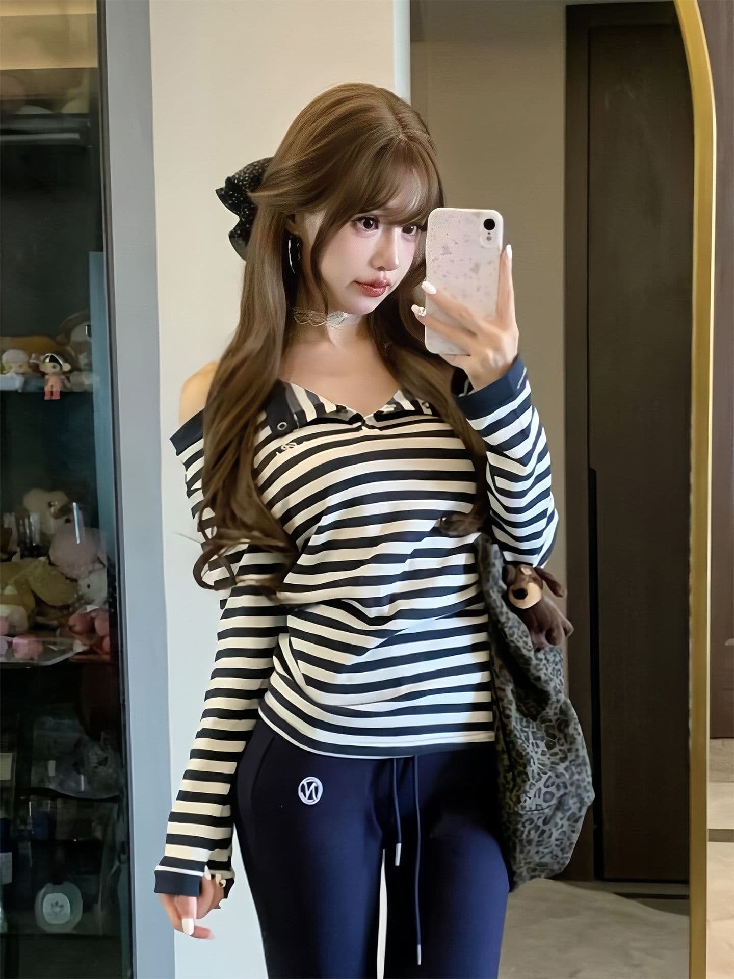 여름 새로운 한 부서 순수한 욕망 배색 스트라이프 보트넥 슬립 긴팔 맨위 한 부서 티셔츠 여성 이미지 4
