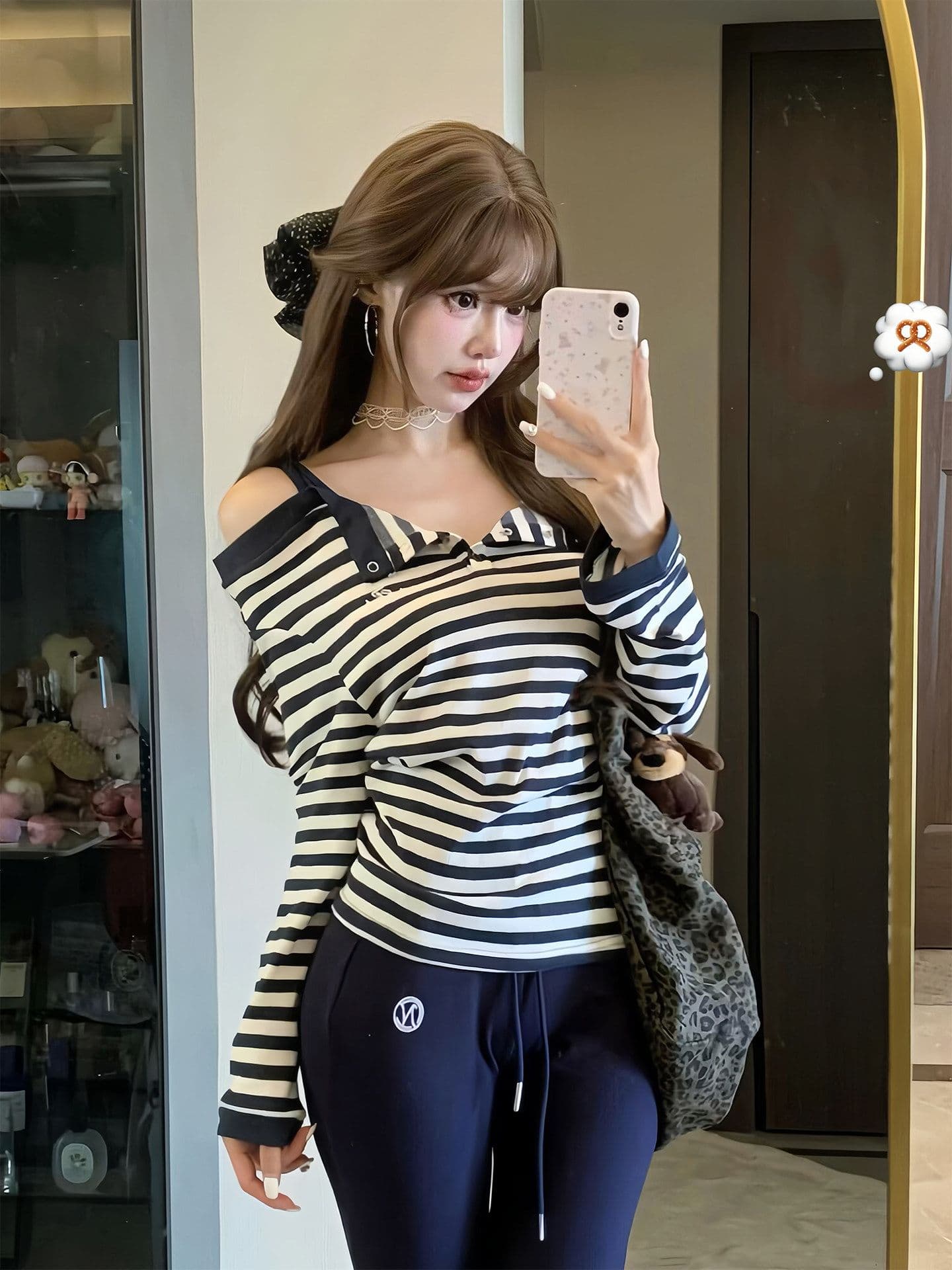 여름 새로운 한 부서 순수한 욕망 배색 스트라이프 보트넥 슬립 긴팔 맨위 한 부서 티셔츠 여성