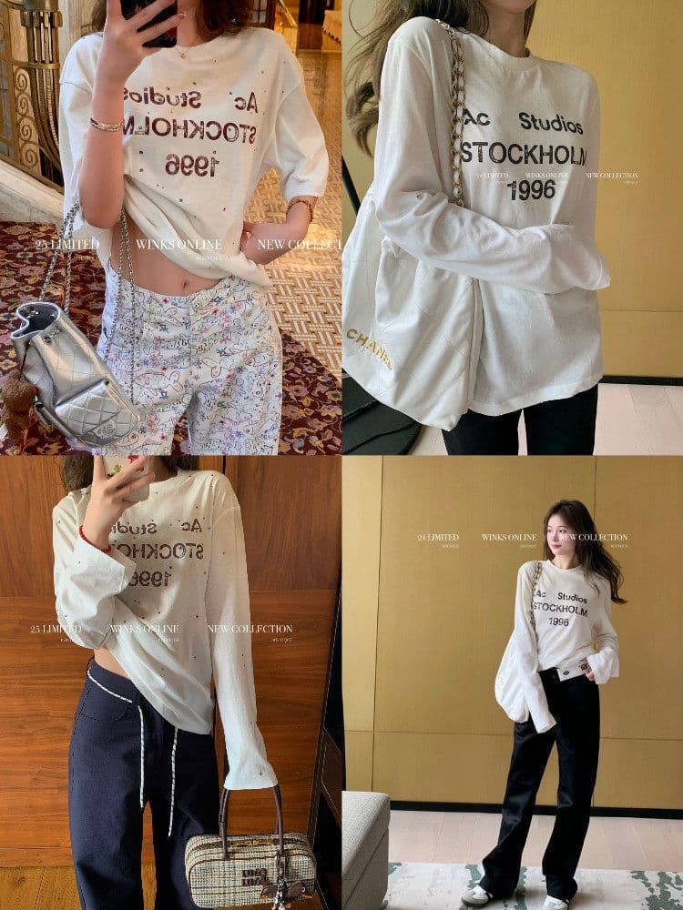 모방 면 당겨 프레임 한 부서 느긋한 바람 화이트 긴팔 티셔츠 여성 핫픽스 알파벳 프린트 루즈핏 자외선 차단 맨위 이미지 2